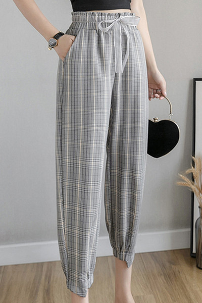 Дамски кариран панталон с ластична талия и връзки