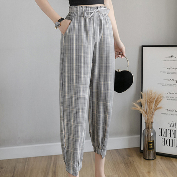 Дамски кариран панталон с ластична талия и връзки