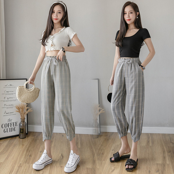 Дамски кариран панталон с ластична талия и връзки