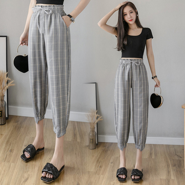 Дамски кариран панталон с ластична талия и връзки