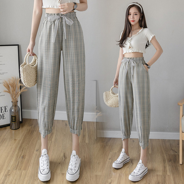 Дамски кариран панталон с ластична талия и връзки