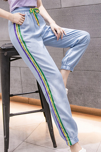 Дамски ежедневен панталон с цветен кант и ластична талия