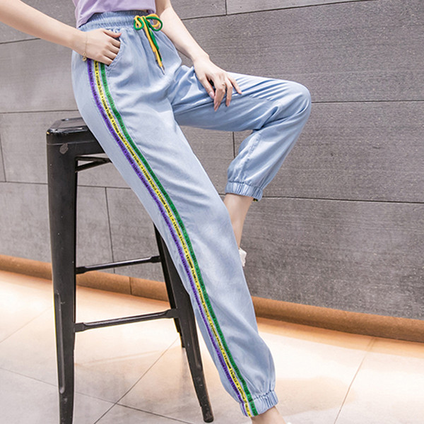 Дамски ежедневен панталон с цветен кант и ластична талия