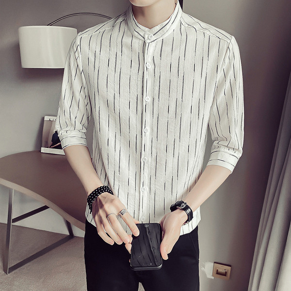 Модерна мъжка риза с овална яка и 3/4 ръкав