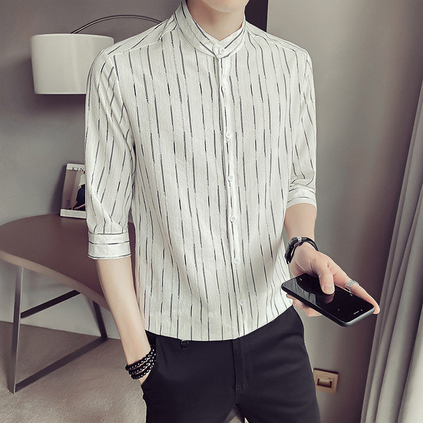 Модерна мъжка риза с овална яка и 3/4 ръкав