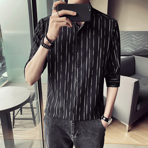 Модерна мъжка риза с овална яка и 3/4 ръкав