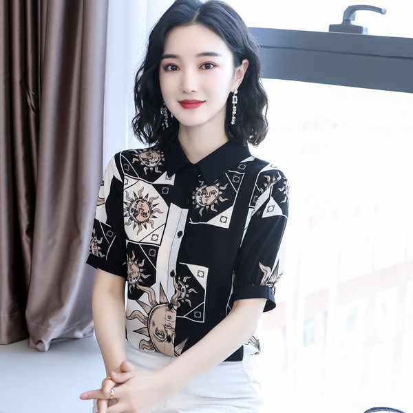 Копринена дамска риза с къс ръкав и класическа яка