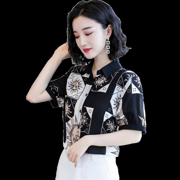 Копринена дамска риза с къс ръкав и класическа яка