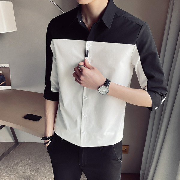 Двуцветна мъжка риза с класическа яка и 3/4 ръкав