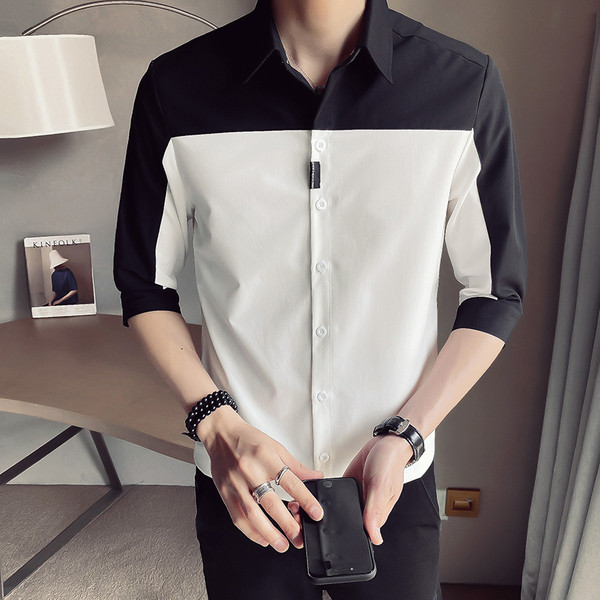 Двуцветна мъжка риза с класическа яка и 3/4 ръкав