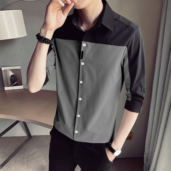 Двуцветна мъжка риза с класическа яка и 3/4 ръкав