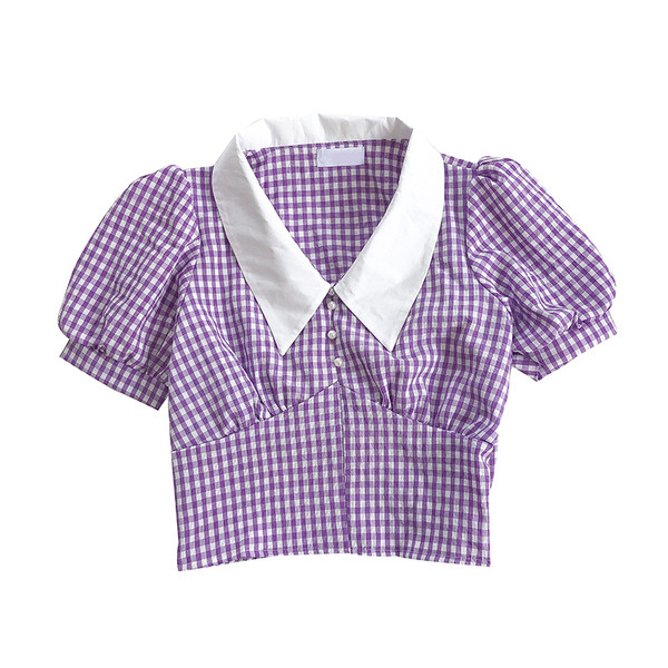 Карирана дамска риза с класическа яка и широки ръкави