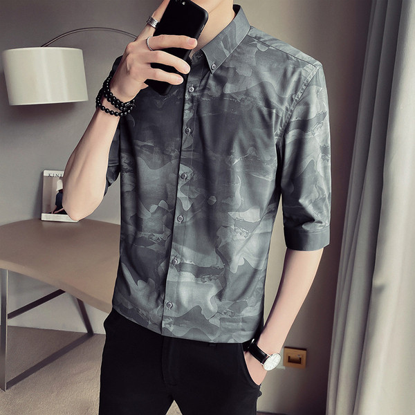 Камуфлажна мъжка риза с класическа яка и 3/4 ръкав