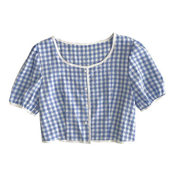 Къса карирана риза с обло деколте и копчета