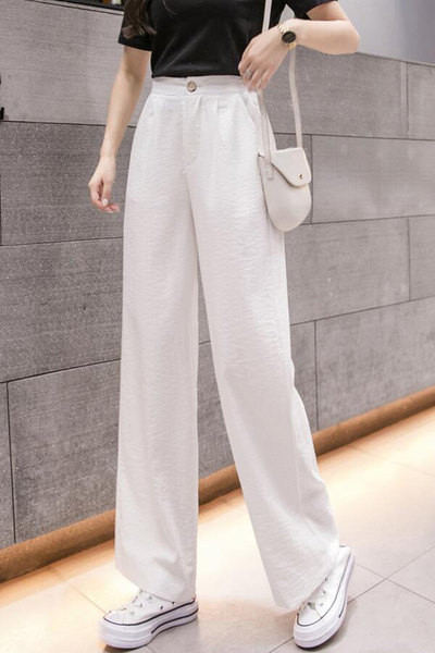 Стилен дамски панталон с висока талия и джобове - широк модел