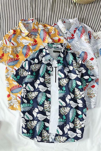 Мъжка лятна риза с къс ръкав, класическа яка и флорален десен