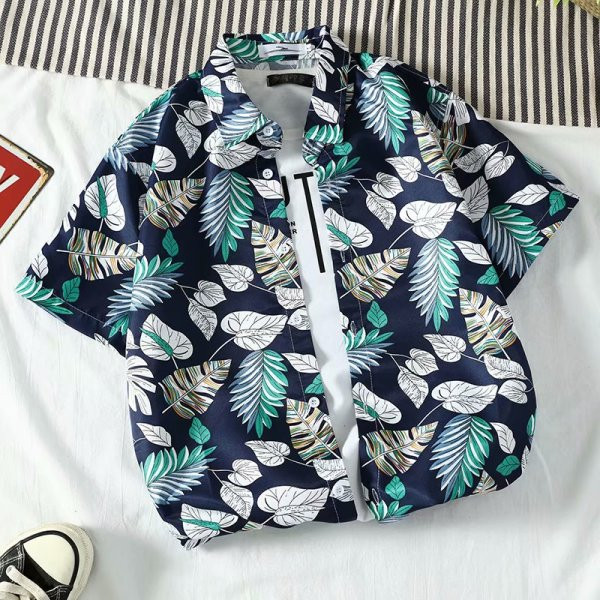 Мъжка лятна риза с къс ръкав, класическа яка и флорален десен