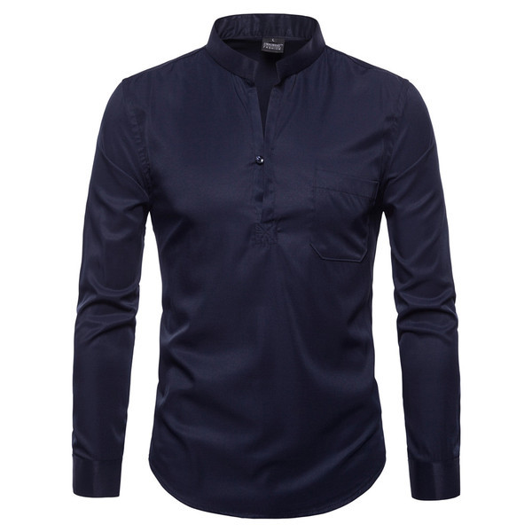 Стилна мъжка риза с овална яка, дълъг ръкав и джоб