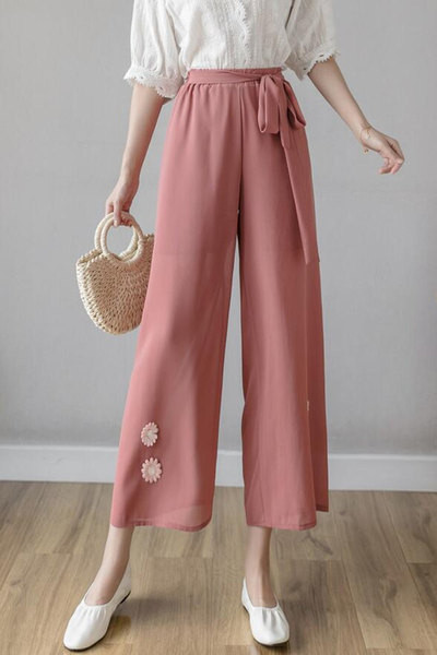 Дамски ежедневен панталон с висока талия и панделка