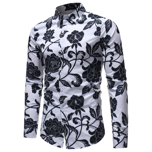 Модерна мъжка вталена риза с дълъг ръкав и флорален десен