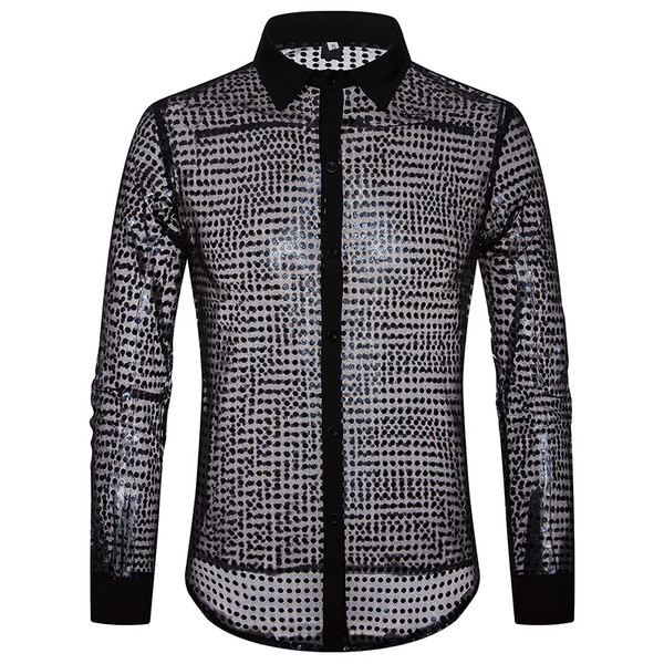 Прозрачна мъжка риза с дълъг ръкав и лъскав ефект