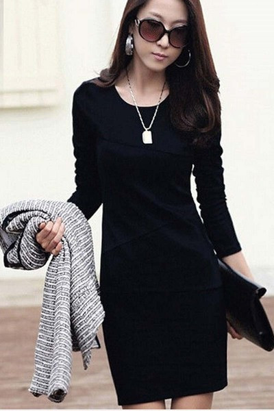 Дамска рокля с дълъг ръкав и дължина над коляното четири модела в черно, червено, тъмносиньо и бежово