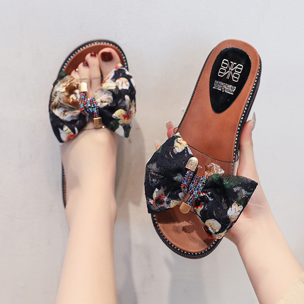 Модерни дамски чехли с платформа и цветна панделка