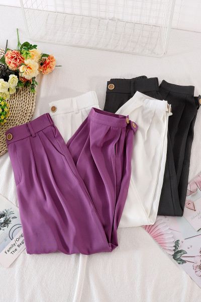 Широки дамски панталони с висока талия и копче 