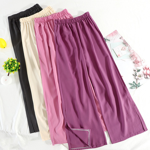 Широки дамски панталони с висока талия и цепка 