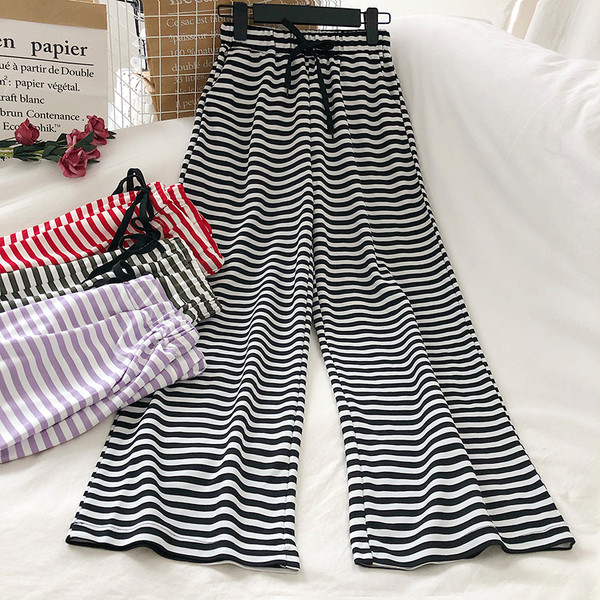 Раиран дамски панталон с висока талия и връзки