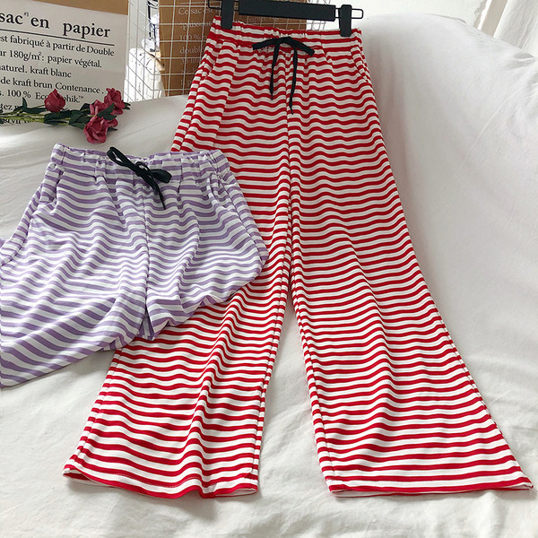 Раиран дамски панталон с висока талия и връзки