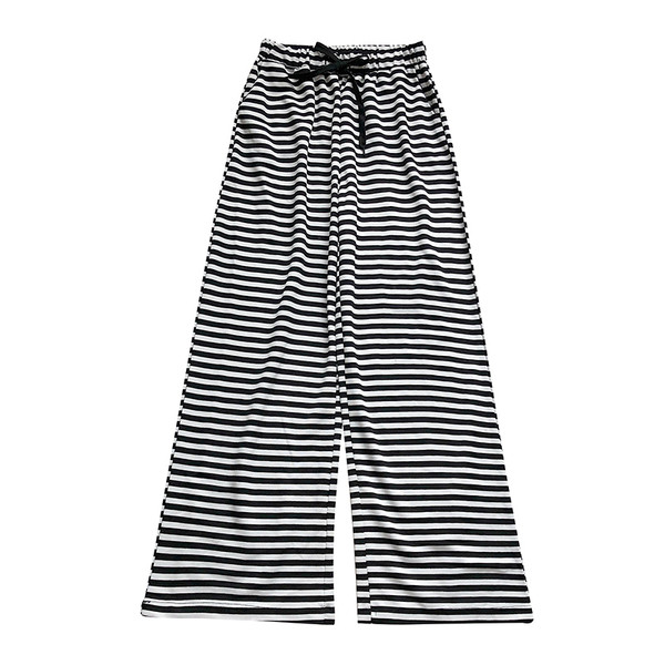 Раиран дамски панталон с висока талия и връзки