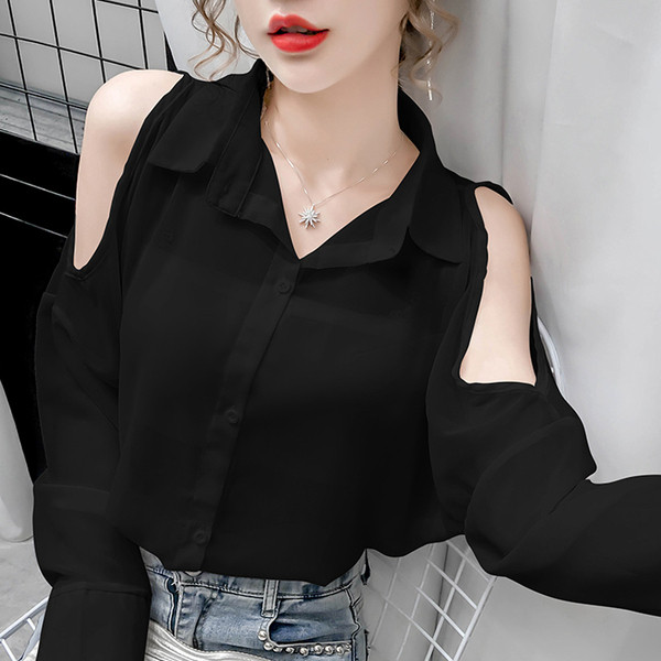 Дамска риза от шифон с голи рамене и класическа яка