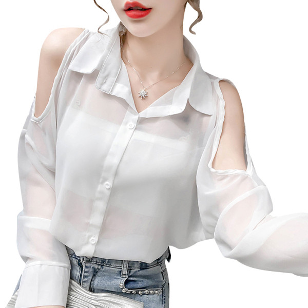 Дамска риза от шифон с голи рамене и класическа яка