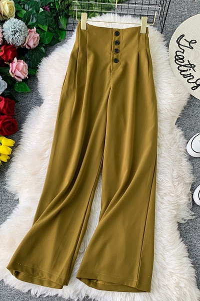 Модерен дамски широк панталон с висока талия и копчета 