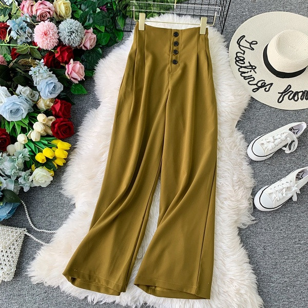 Модерен дамски широк панталон с висока талия и копчета 