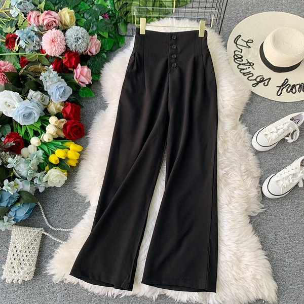 Модерен дамски широк панталон с висока талия и копчета 