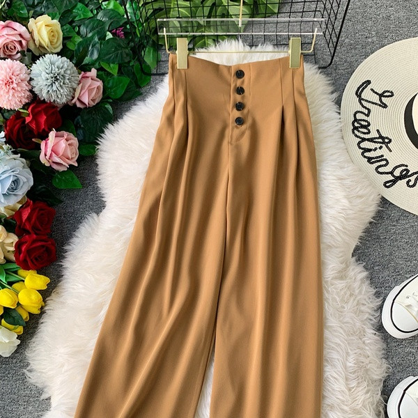 Модерен дамски широк панталон с висока талия и копчета 