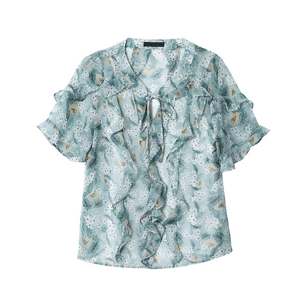 Модерна дамска риза с флорални мотиви и шпиц деколте