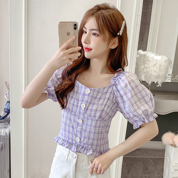 Карирана дамска риза с копчета и широки ръкави