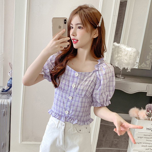 Карирана дамска риза с копчета и широки ръкави