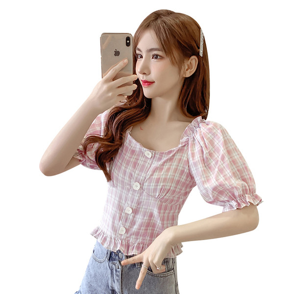 Карирана дамска риза с копчета и широки ръкави