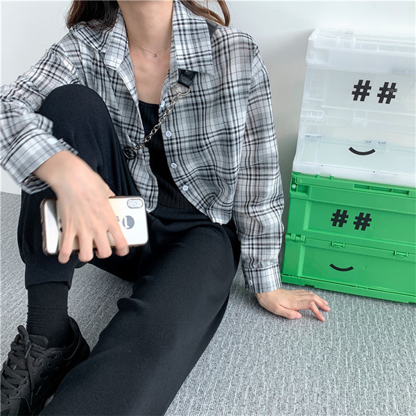 Дамска карирана риза широк модел с дълъг ръкав 