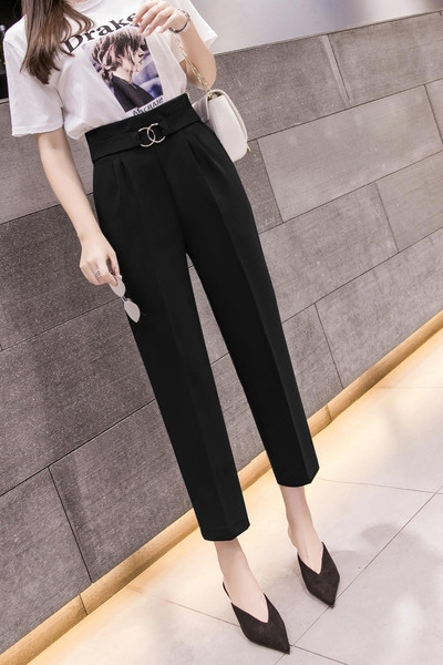 Дамски панталони с висока талия и метален елементи 