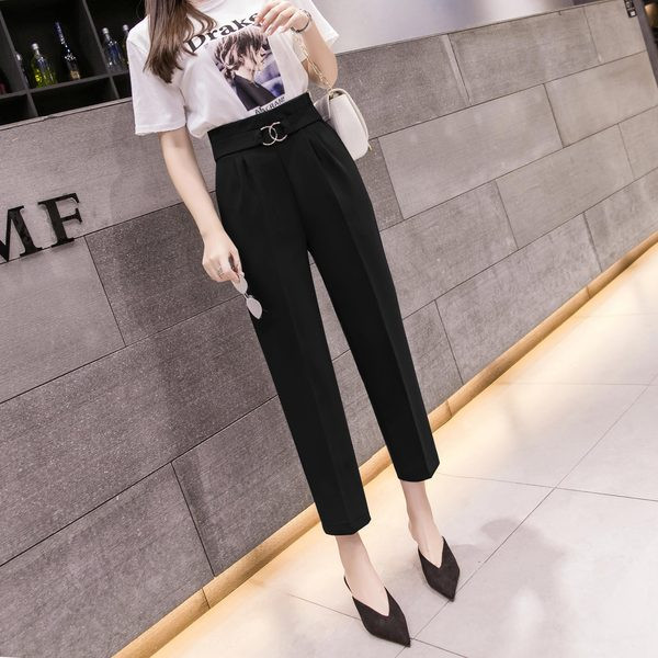 Дамски панталони с висока талия и метален елементи 