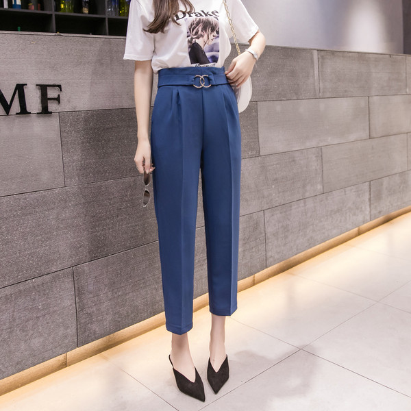 Дамски панталони с висока талия и метален елементи 