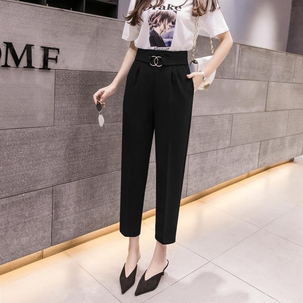 Дамски панталони с висока талия и метален елементи 