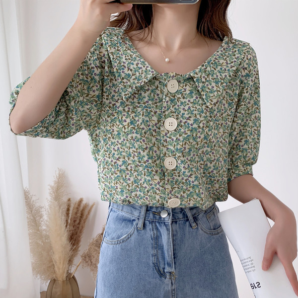 Дамска риза от шифон с флорални мотиви и копчета