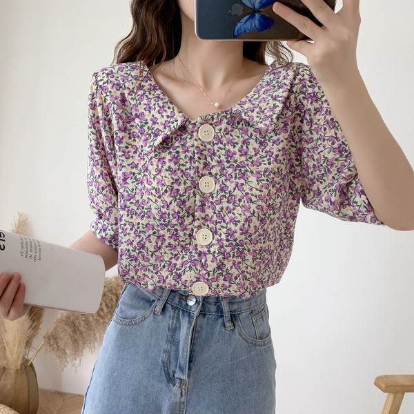 Дамска риза от шифон с флорални мотиви и копчета