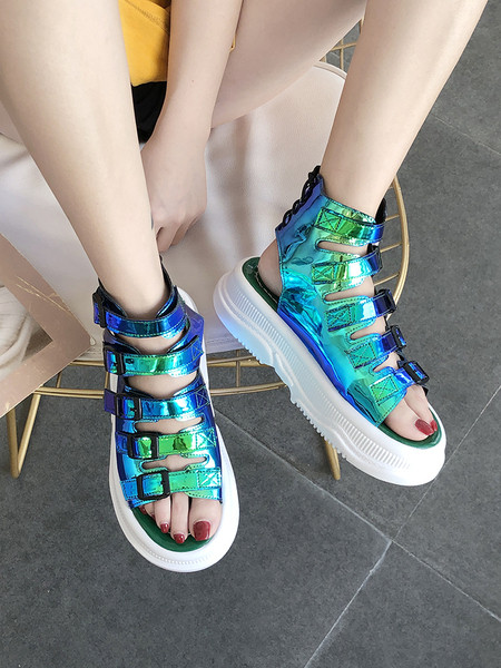 Актуални дамски сандали с висока подметка, катарами и връзки